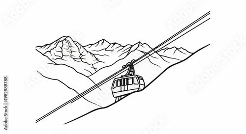 A cable car ascends a steep mountain slope amidst rugged peaks