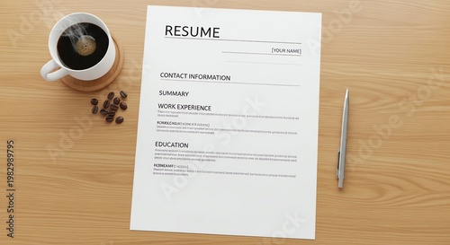 Professional Resume Document with Coffee and Pen on Wooden Desk.
