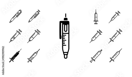 Minimal insulin pen and syringe icon set diabetic medical vector isolated on white background