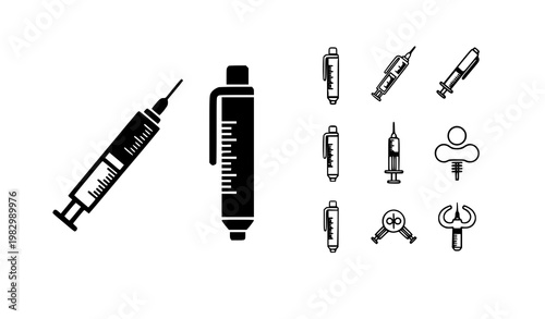 Insulin injection icon collection diabetic syringe pen outline vector isolated on white