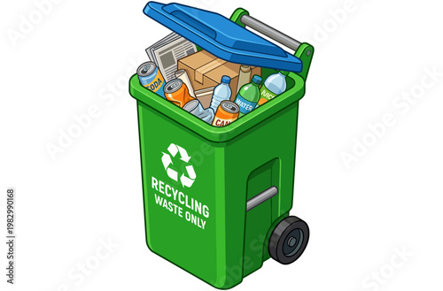 Green recycling wheelie bin overflowing with sorted plastic and metal waste
