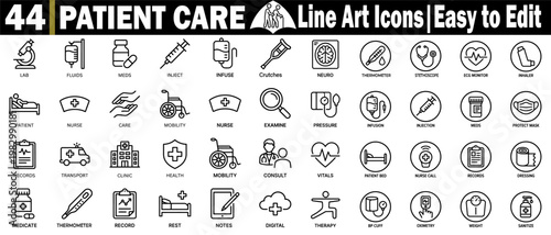Patient care line art icons. Easy to edit healthcare and medical symbols set with lab fluids, meds, inject, infuse, crutches, and neuro thermometer. vector illustration.