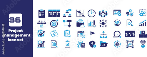 Project management icon set including task tracking timeline workflow optimization planning tools productivity symbols and business process.