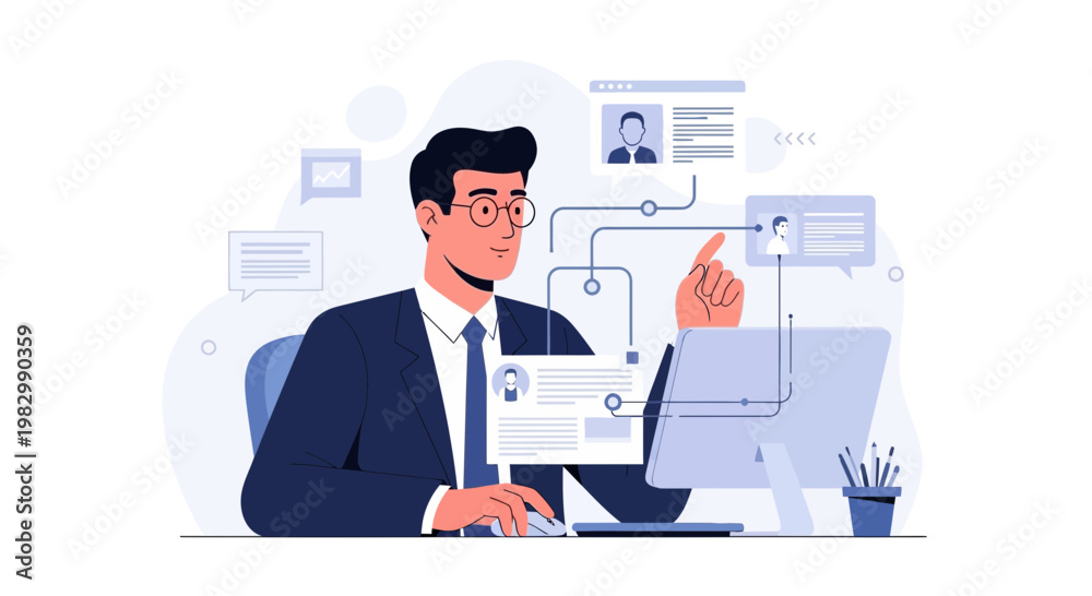 Fototapeta premium Businessman working on computer, managing data and profiles, digital interface