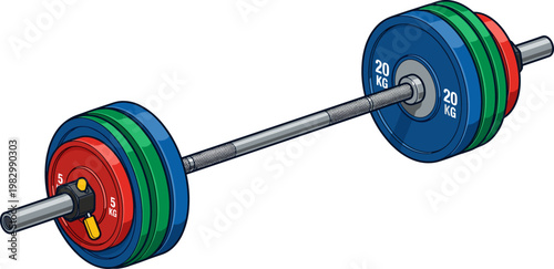 Heavy barbell loaded with colorful bumper plates for strength training
