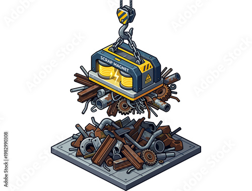Heavy duty circular magnet lifting a pile of scrap metal