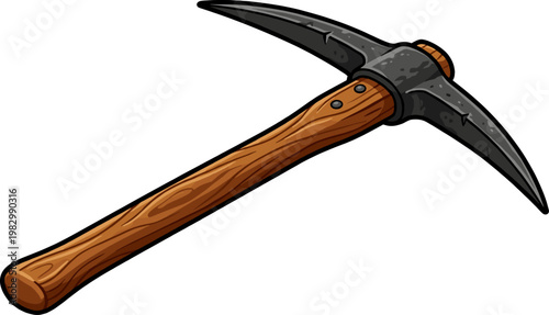 Heavy metal pickaxe with wooden handle for mining