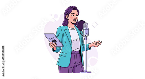 Businesswoman speaking at microphone holding tablet, presentation, online meeting, podcast