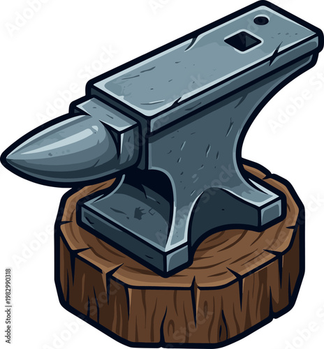 Heavy iron anvil mounted on a natural tree stump