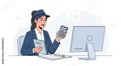 Businesswoman with calculator and documents at desk with computer, financial analysis concept