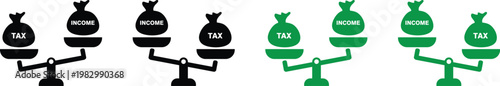 Tax vs income concept illustration featuring a balance scale.