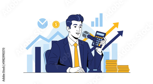 Businessman with calculator and microphone, financial growth concept