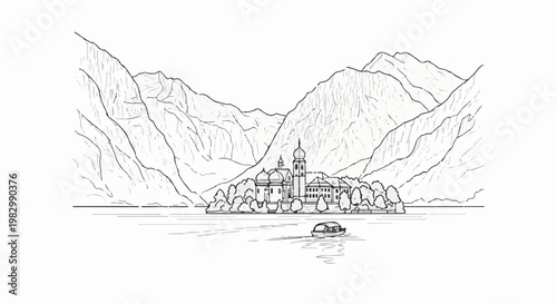 A black and white sketch of a lakefront monastery nestled among majestic mountains with a boat