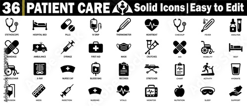 Patient care solid icons. Easy to edit healthcare and medical symbols set with stethoscope, hospital bed, pills iv drip, thermometer, heartbeat. vector illustration.