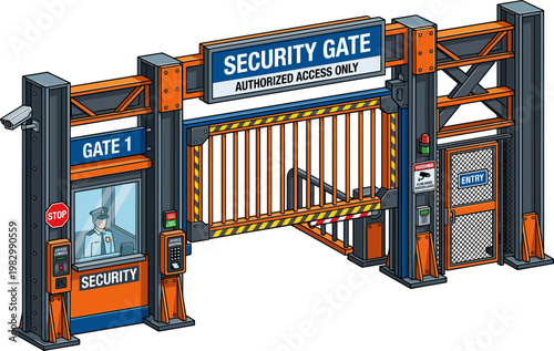 Industrial security checkpoint with a guard booth and automated barrier gate