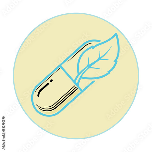 hand drawn blue leaf and pill capsule icon on yellow circle background