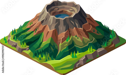 Isometric volcano mountain with a crater lake and green forest slopes