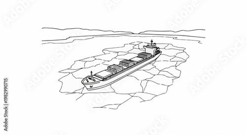 A cargo ship navigates through a frozen, ice-filled sea