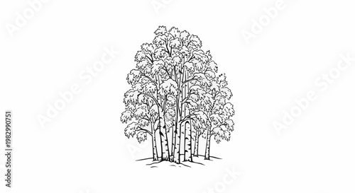 A black and white sketch of a dense cluster of trees with lush foliage