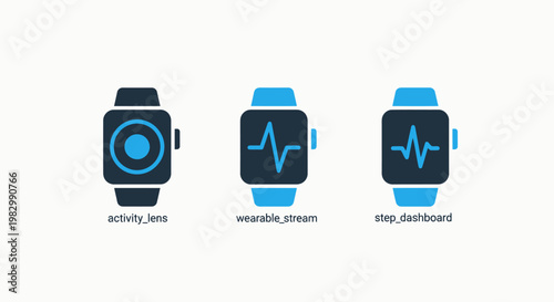 Smartwatch health monitoring icons: activity tracker heart rate dashboard with app interface smartwatch dashboard wearable technology wellness analysis information performance progress
