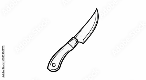 A black and white sketch of a curved utility knife with a simple handle