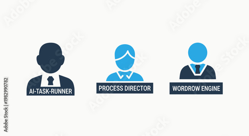 Ai and business process icons: task runner process director workflow engine with artificial intelligence human resources business management technology automation efficiency organization