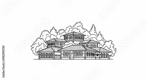 A black and white sketch of a cluster of houses nestled amongst trees