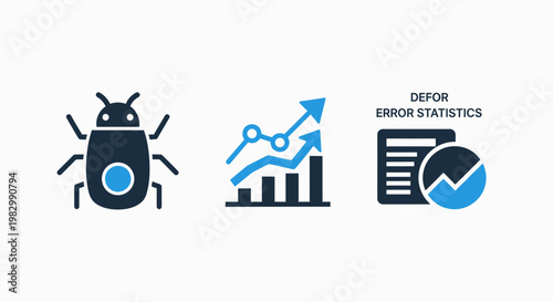 Icons representing bug tracking growth statistics data analysis reports statistics tracking analysis business technology innovation progress development software application strategy