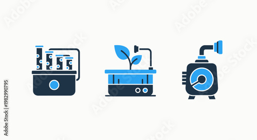 Industrial and agricultural technology icons: factory automation hydroponics industrial machine with plant science water system hydroponics industry agriculture technology manufacturing