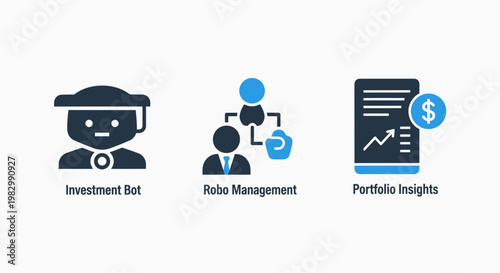 Investment bot robo management portfolio insights icons with investment management portfolio insights analysis strategy automation technology financial business performance planning