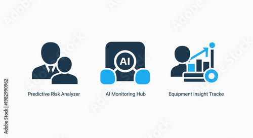 Business icons: people AI and data analysis artificial intelligence business analytics management strategy technology illustration collection information decision planning collaboration