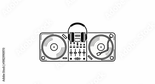 A black and white outline graphic of a DJ turntable setup with headphones on top