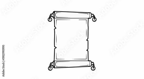 A black and white outline drawing of an ancient parchment scroll