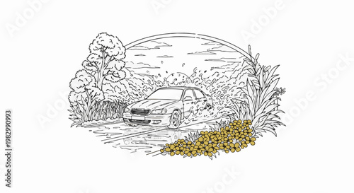 A car drives through a natural landscape with lush vegetation and a colorful floral accent