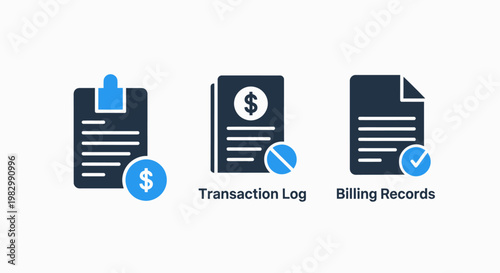 Icons for transaction logs billing records financial documents with financial record payment tracking financial management transaction accounting business document statement exchange commerce