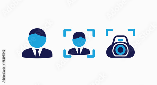 Icons illustrating facial recognition process with camera face id recognition identification biometric verification identity security technology business illustration authentication