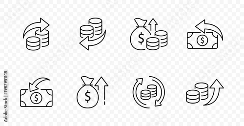Money transfer set icon. Coin exchange, cash flow, income growth, refund, payout, profit cycle, financial transaction