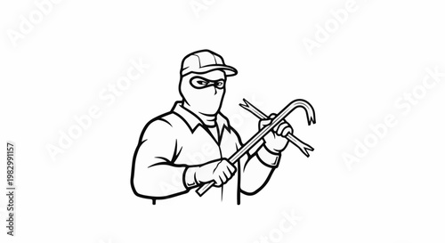 A cartoon burglar in a mask and cap holds two crowbars menacingly