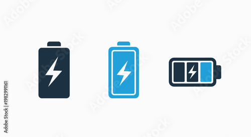 Battery charge level icons: full medium low power with power source battery indicator energy storage battery status power management energy consumption battery icon illustration electricity