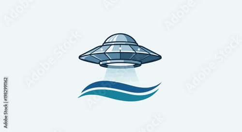 A blue, cartoonish flying saucer beams light onto abstract blue waves