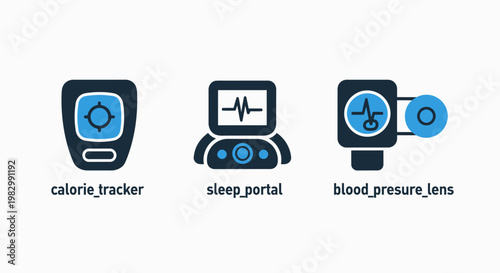 Calorie tracker sleep portal and blood pressure monitor icons well being wellness tracking technology illustration interface nutrition activity wearable business measurement analysis