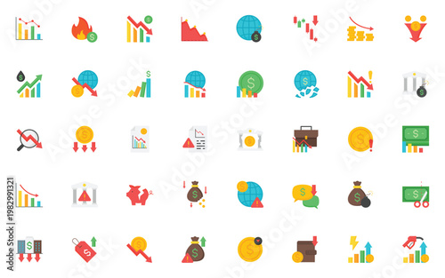 set of financial crisis icons, economy, recession, stagflation