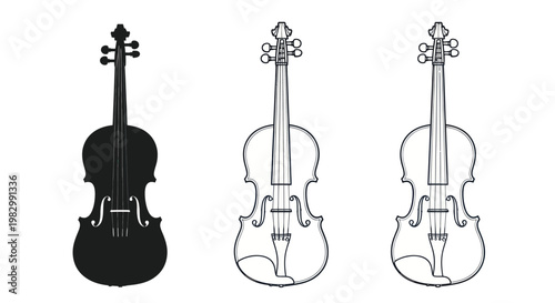 Set of three violin icons in silhouette and line art style on white background.
