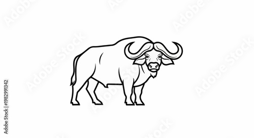 A bold black outline drawing of a majestic Cape buffalo standing