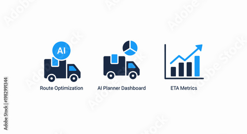 Icons showing AI route optimization AI-powered customer behavior analysis business growth statistics for logistics and data analysis artificial intelligence analysis business statistics