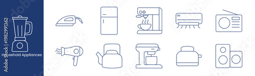 Household appliances set icon. Collection with washing machine, refrigerator, rice cooker, microwave, kettle, multicooker, remote control, gamepad, coffee machine, television, fan.