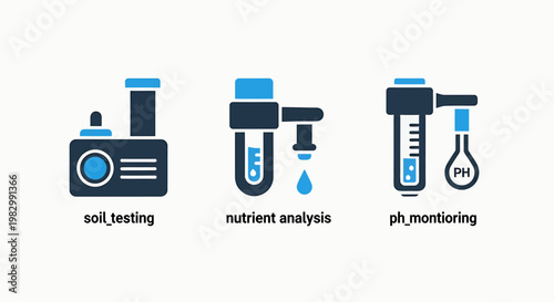 Soil testing nutrient analysis p h monitoring icons for agricultural science with dark blue light blue white background nutrient analysis monitoring agriculture laboratory environment