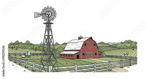 Hand-drawn illustration of a vintage red barn and windmill in a rural landscape.