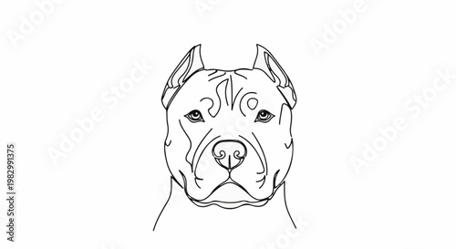 A bold, stylized line drawing of a powerful dog's head on a white background