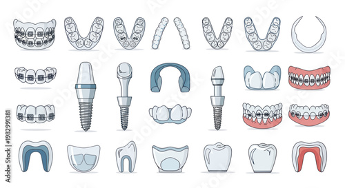 Set of dental health and orthodontic treatment icons including braces, implants, and aligners